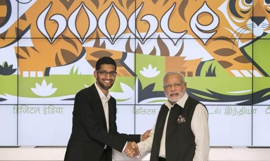 India's Prime Minister Narendra Modi shakes hands with Google CEO Sundar Pichai at the Google campus in Mountain View, California